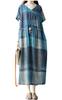 AOLIPT Long Summer Checkered Long Short Loose Plus Natural Women's Dress, Cotton-Linen Dress, Length, Sleeves, V-Neck, Fit, Sizes, Slimming, (M Blue)
