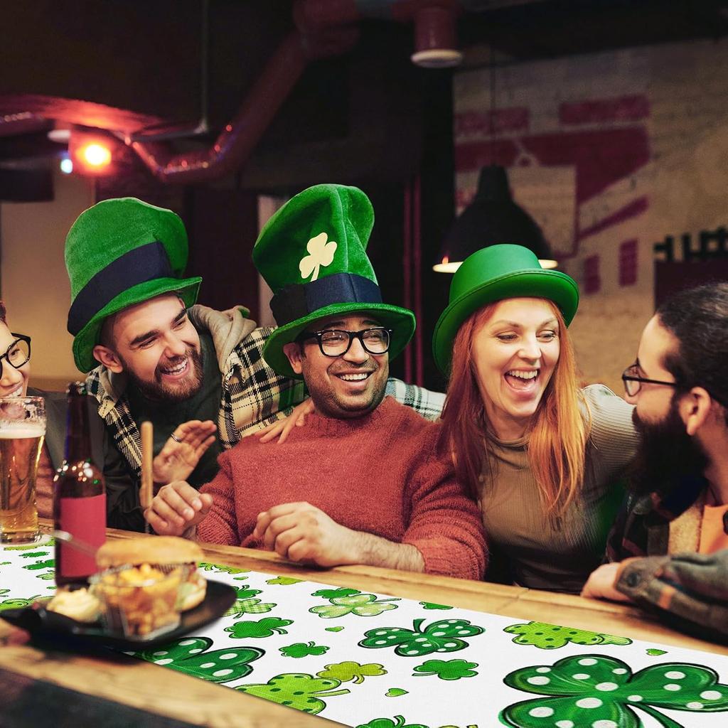 72 x 13 Inch St. Patrick's Day Table Runner Decorations, Linen Green Shamrock and Polka Dot Clover Pattern Table Runner for Irish Celebration, Home,