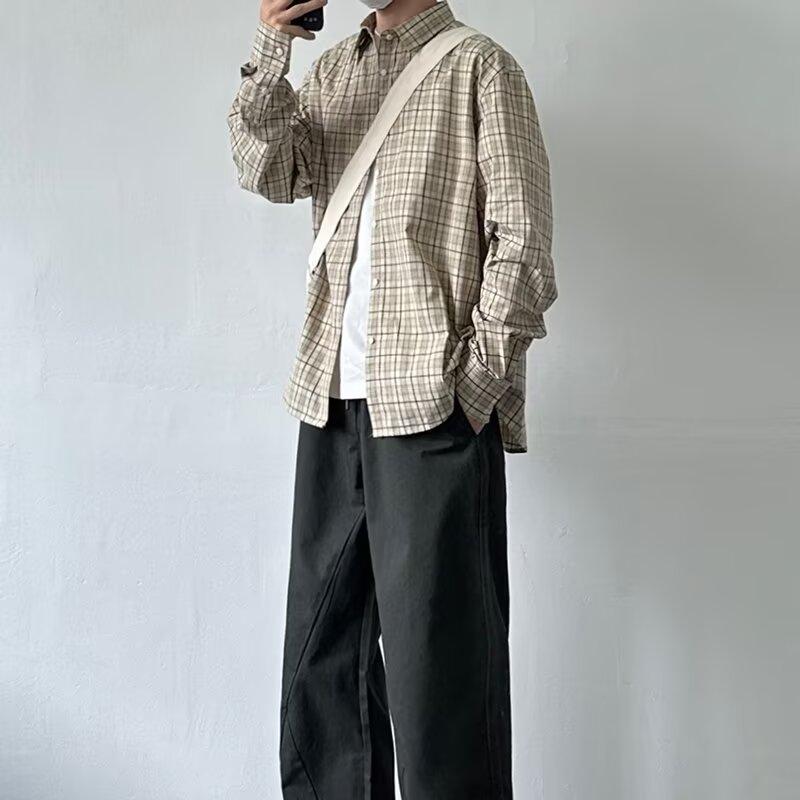 2024 Клетчатая рубашка с длинным рукавом в японском стиле Гонконга Ins Свободная рубашка для мальчиков Летнее модное универсальное повседневное пальто