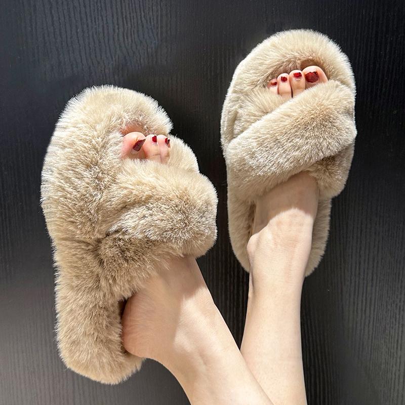Fashion Fashion Cross Strap Fluffy Slippers for Women Winter Warm Faux Rabbit Fur Slides Woman Thick Sole Plush Indoor House Slippers