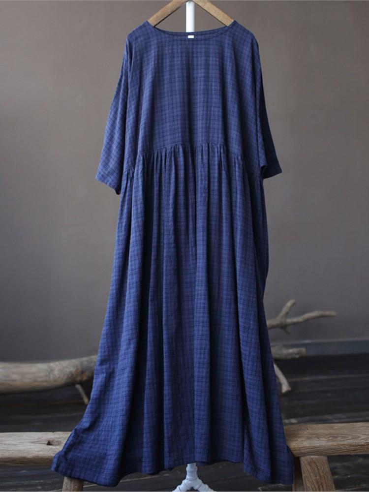 Johnature Женские клетчатые винтажные платья с рукавами «летучая мышь», свободные весенние халаты, лоскутные женские платья в китайском стиле