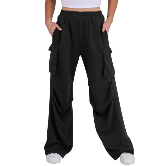 Women Cargo Pants Elastic Waist Mid-rise Straight Wide Leg Sweatpants with Multi Pockets Solid Color Casual Jogging Pants Loose Lounge Pants