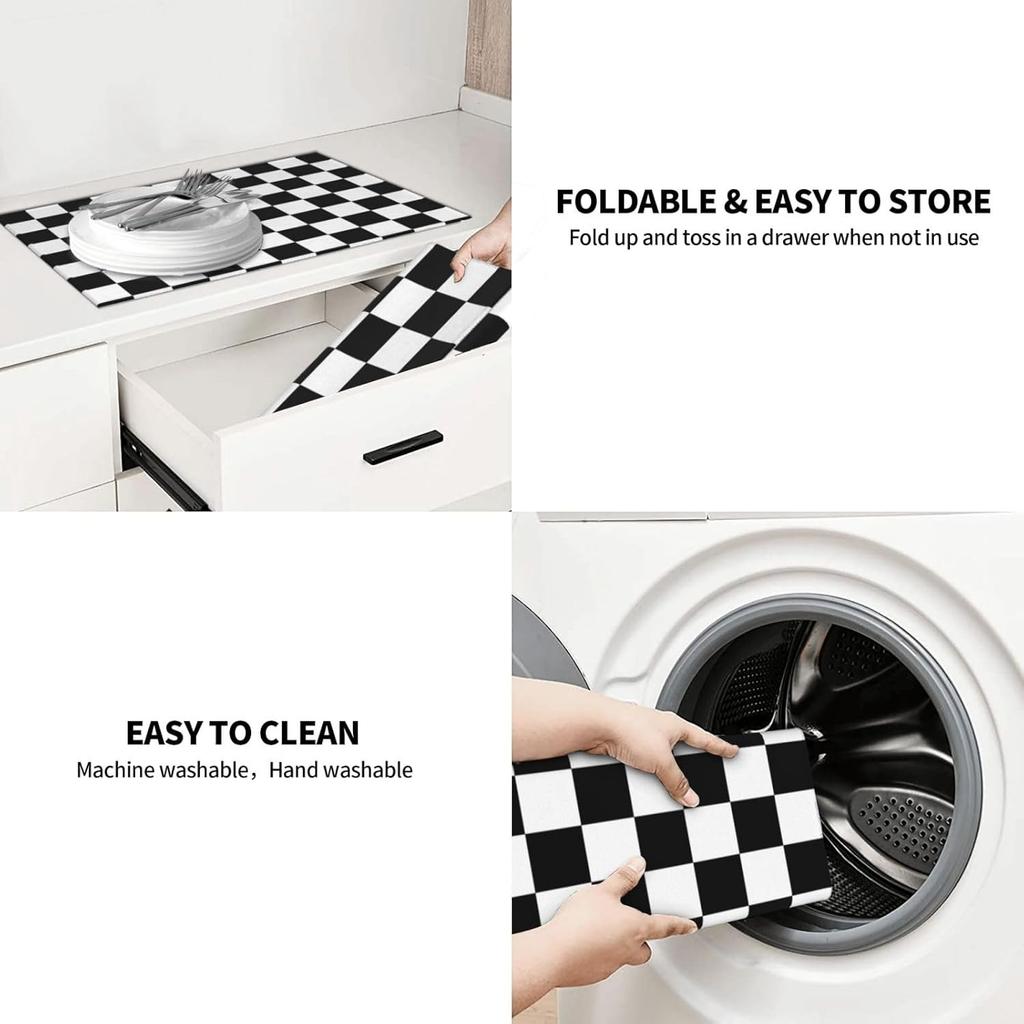 Black White Checkered Dish Drying Mat for Kitchen Counter, Coffee Bar Accessories, Retro Classic Plaid Pattern Absorbent Coffee Mat Kitchen Drying
