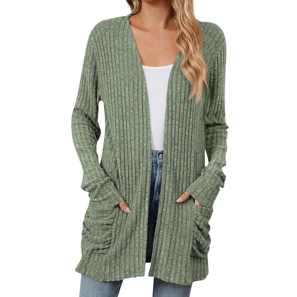 Женская модная повседневная однотонная куртка-кардиган с карманами и длинными рукавами