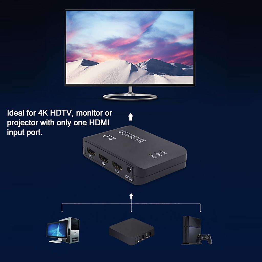 4K High Definition Multimedia Int face 3 Input 1 Output Splitt Adapt HD IR Remote Control ABS with LED Indicator