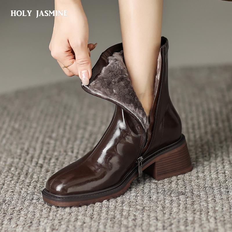 2024 Новые зимние женские сапоги с круглым носком, массивные сапоги из спилковой кожи и шерсти, модные зимние сапоги 2024 года, теплые сапоги, черная женская обувь