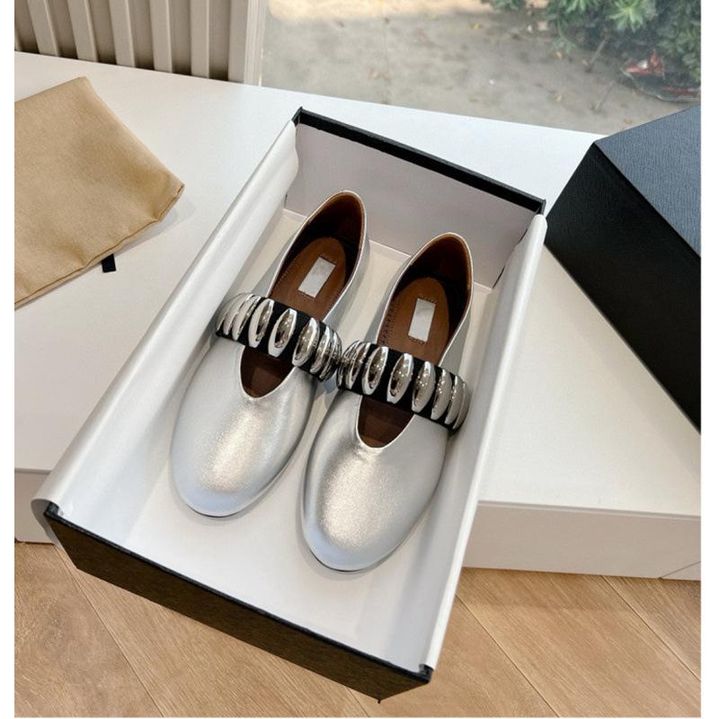 Spring Metal Buckle Elastic Band Ballet Shoes Women's Retro Leather Flat Bottom One Pedal Mary Jane Single Shoes