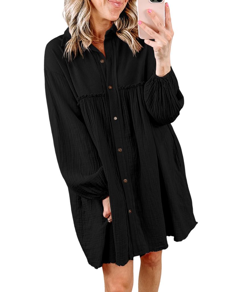 Azura Exchange Patchwork Crinkle Puff Sleeve Shirt Dress
