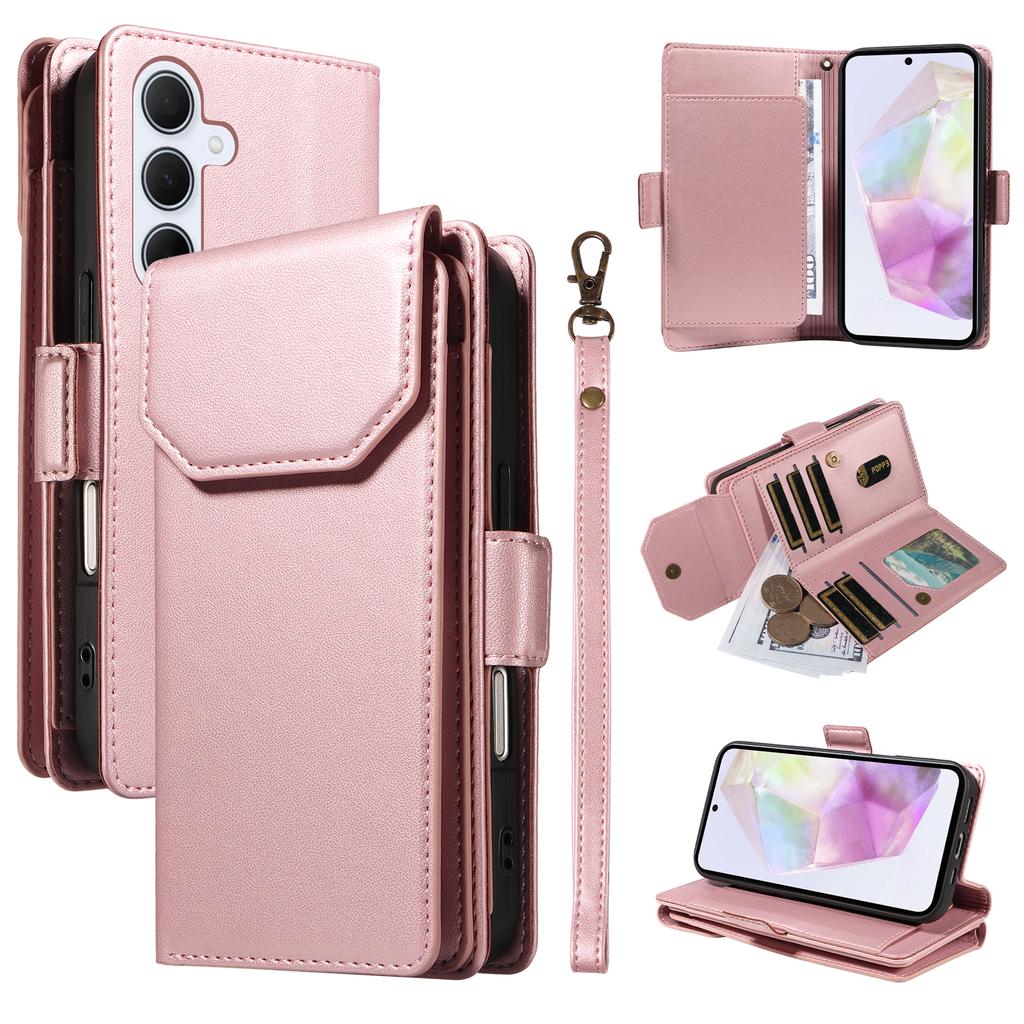 For Samsung Galaxy A35 5G Case with Multi-Card Holder and Strap PU Leather Phone Cover Stand