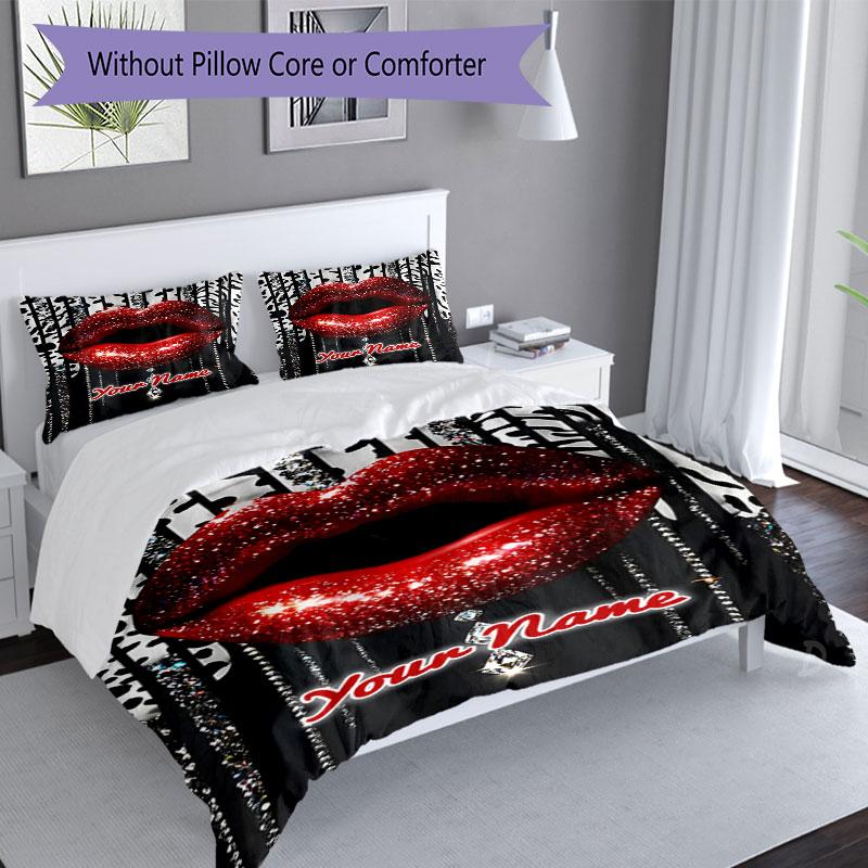 3PC Custom Name Glamorous Glitter Lips Bedding Set Printed Bedding Set Duvet Cover Closure Includes 1 Duvet Cover & 2 Pillowcases for All Seasons Bedr