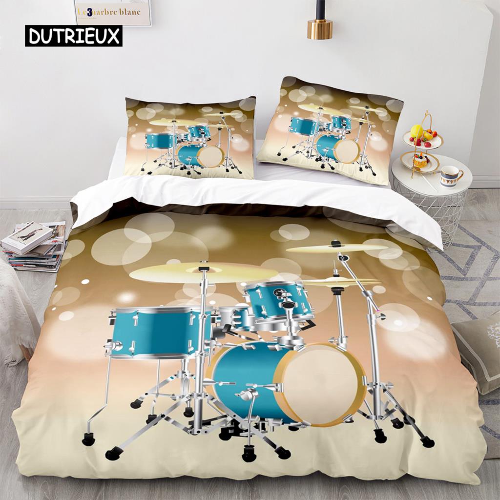 Drum Kit Duvet Cover Set Classical Music Comforter Cover Musical Instrument Lightning Pattern Quilt Cover for Kids Boys Teens