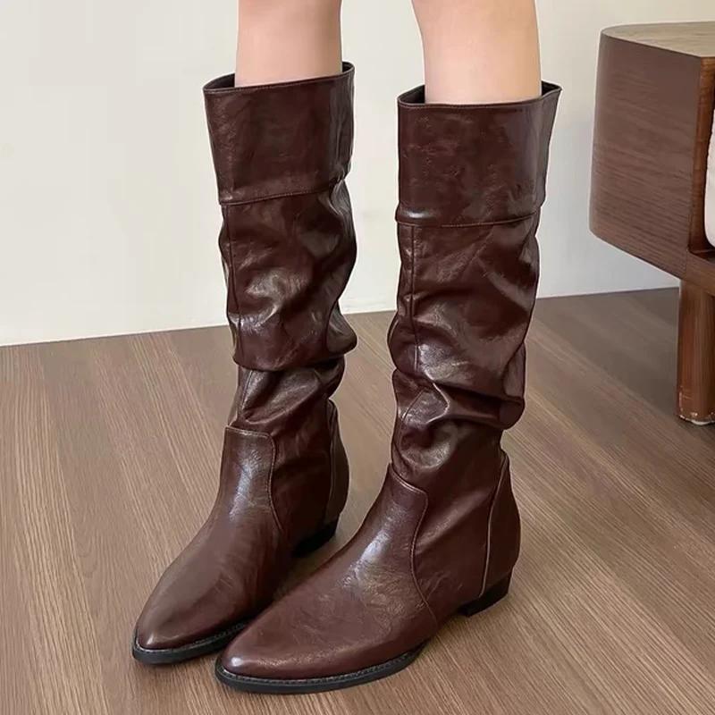 Pointed Toe Women High Boots Leather Knee High Flats Designer Shoes Trend Winter Classic Gladiator Motorcycle Botas Mujer