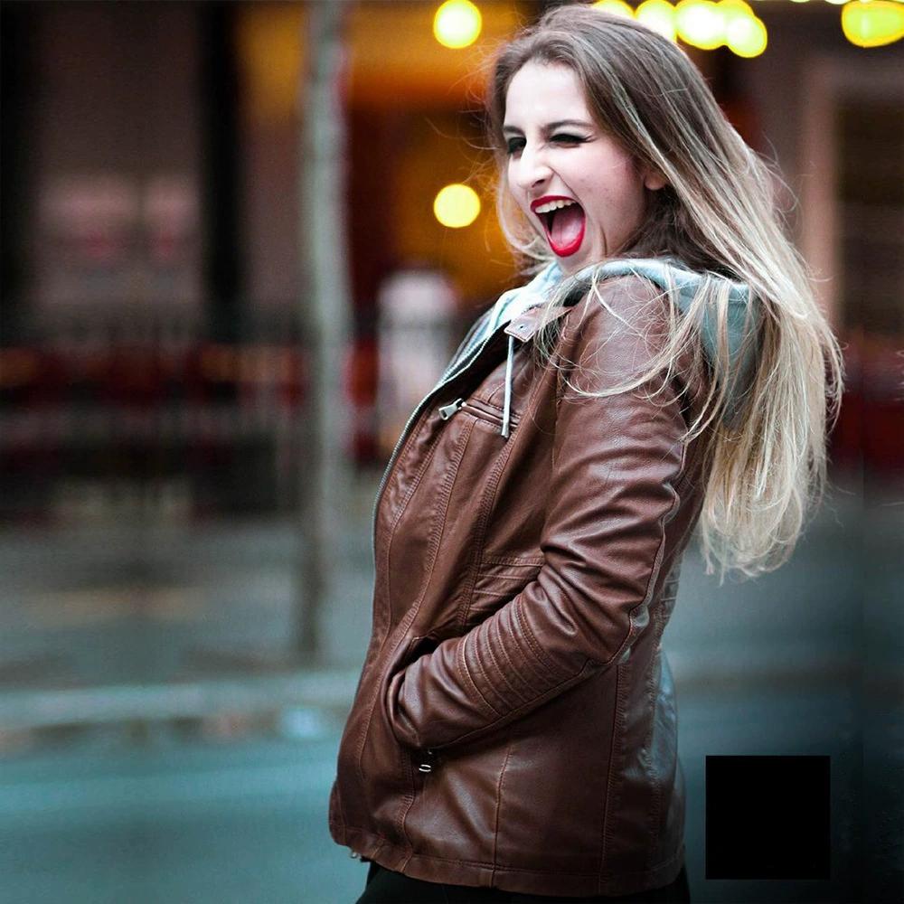 Европейская и американская женская мотоциклетная кожаная куртка с длинными рукавами, куртка из искусственной кожи, женская короткая приталенная кожаная куртка со съемным капюшоном