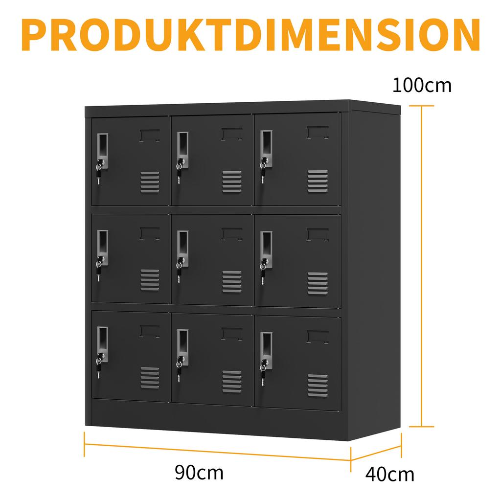 9-Door Metal Cabinets for Office, Gym, School & Home - Secure Storage Cabinet with Card Slot (Black), H 100 cm × B 90 cm × T 40 cm