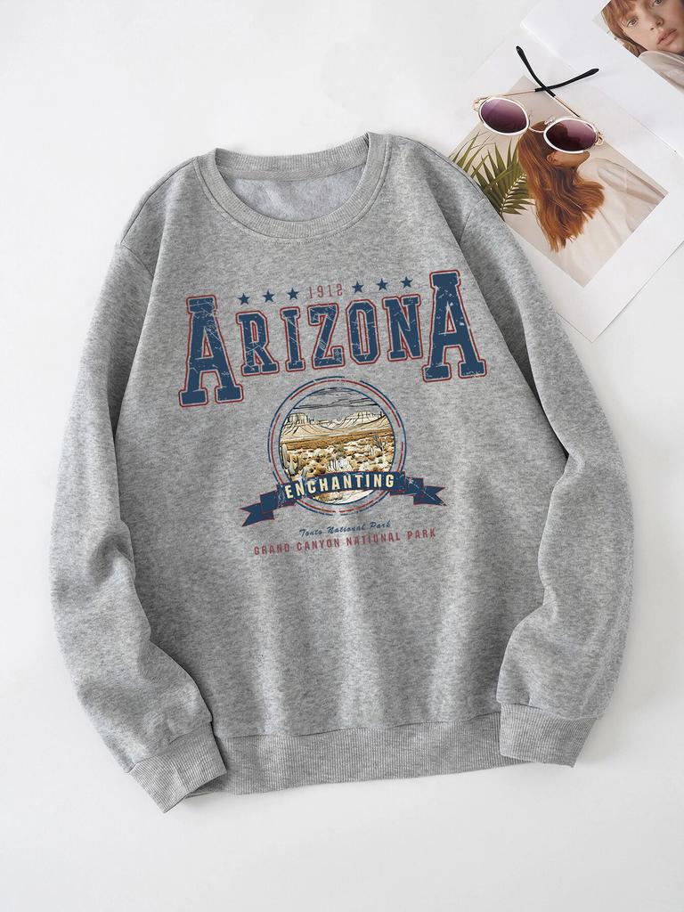 Women'S Print Thermal Lined Crew Neck Loose Pullover Long