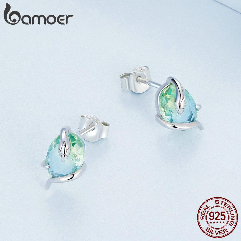 BAMOER Серьги-гвоздики из серебра 925 пробы, винтажные, с зелеными стразами, длинные, в виде змеи, с платиновым покрытием BSE731