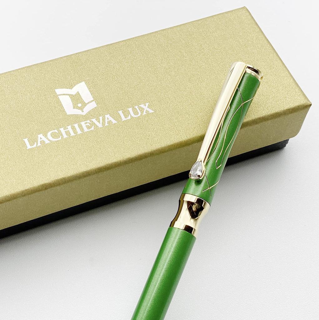 LACHIEVA LUX Jinki Luxury Writing Instruments Stationery with Swiss Crystal Luxury Metal Ballpoint Pen Gift Set One Black and One Green Clip, (German