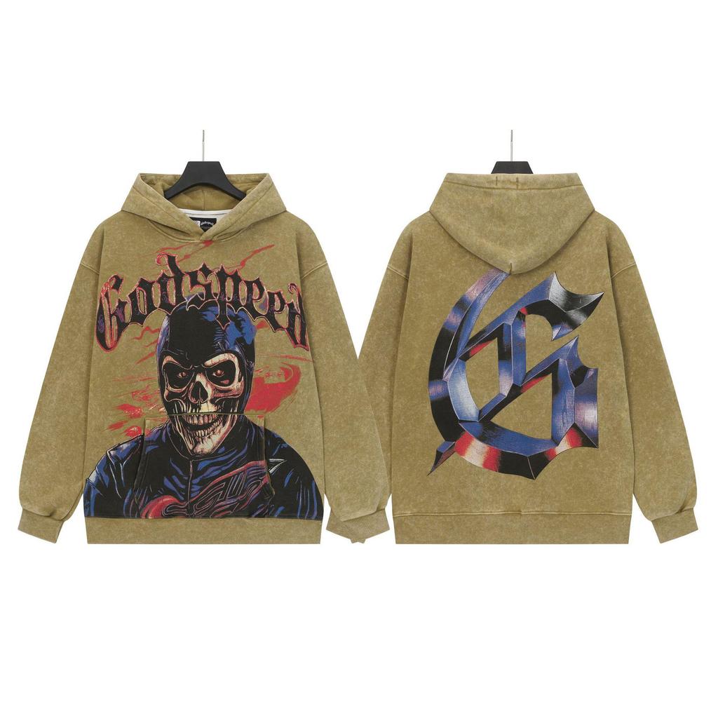 Худи с ретро-принтом 'God Bless America' в стиле рок-стрит, стиранное, повседневное, свободного кроя