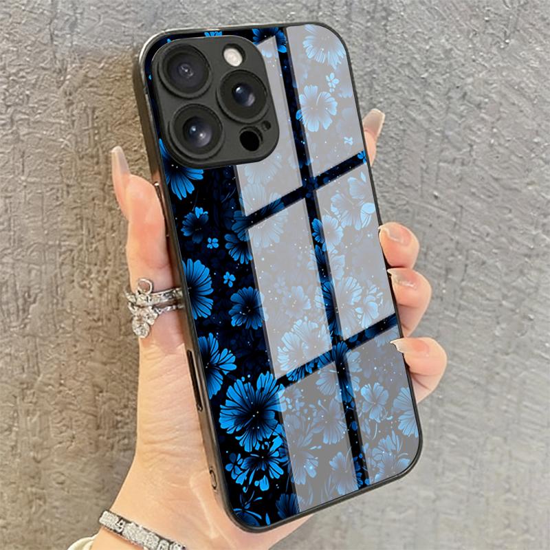 Сине-черный Цветочный Чехол из Закаленного Стекла для Телефона iPhone 17 16 Pro Max 15 14 Plus 13 12 11 Pro 16E 17Air X XR XS MAX 7 8 SE2