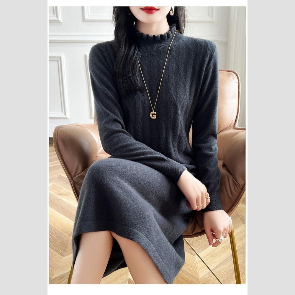 Платье-свитер миди с высоким воротником для женщин большого размера, однотонное повседневное вязаное платье с объемным вязаным свитером для осени и зимы