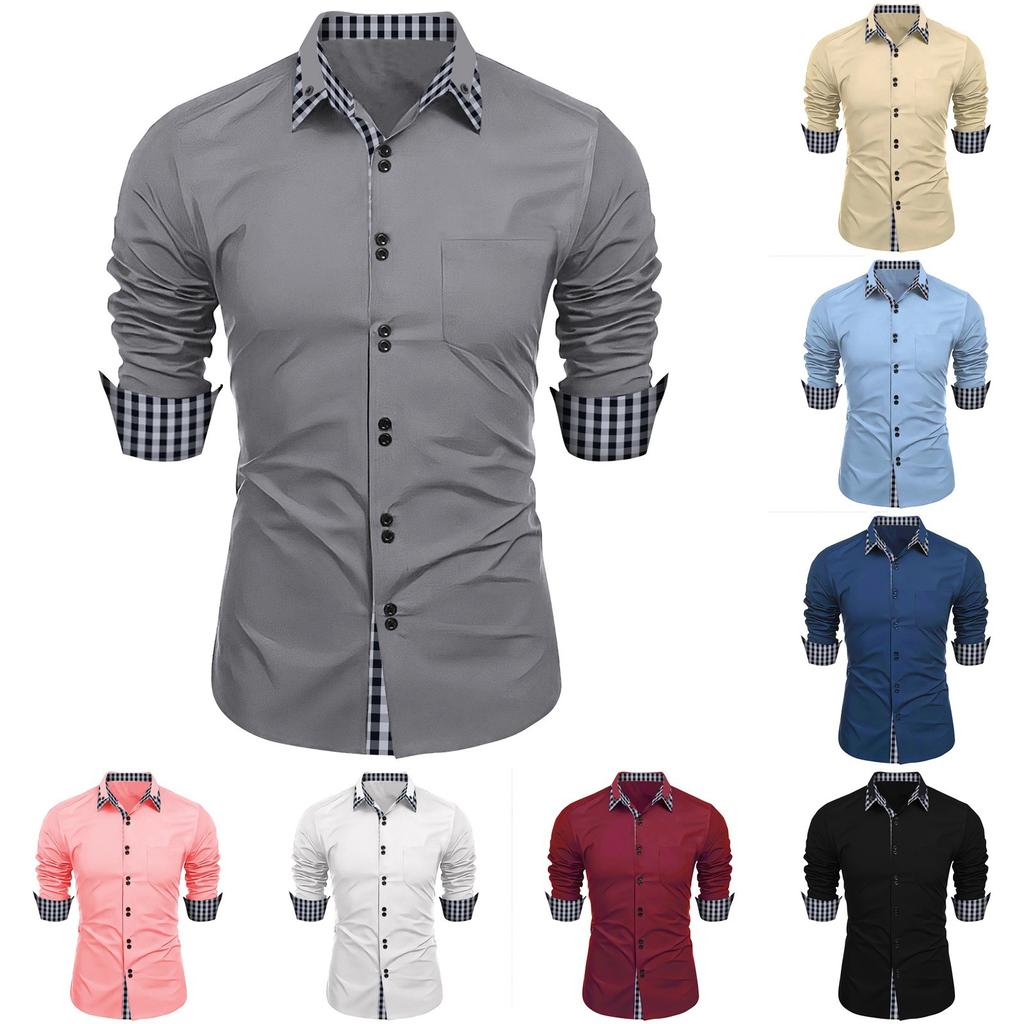 Мужская осенняя рубашка свободного покроя с длинным рукавом в клетку с цветными блоками на пуговицах