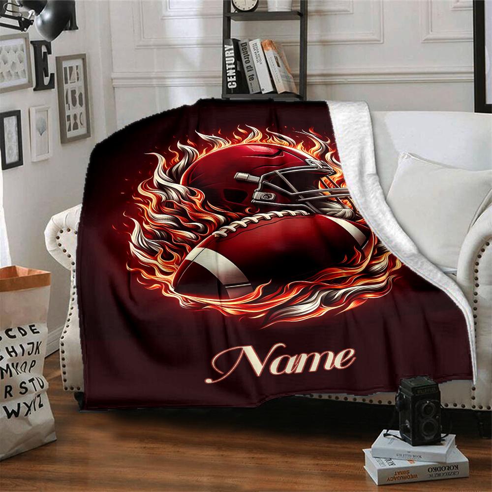 Football Helmet And Ball With Flames Blanket With Customizable Name Four Seasons Comfortable Shawl Blanket Suitable For Home Travel Camping Office