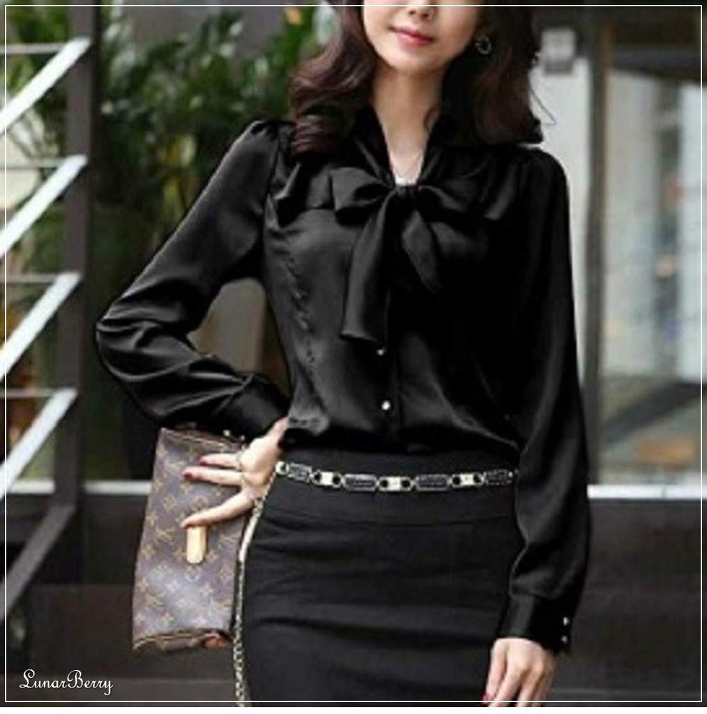 Lunar Berry 3803 Long Sleeve Satin Blouse with Ribbon Perfect for Office Features a Ribbon Tucked and a Simple (M, Black) - Tie, Wear. Collar, Hem,