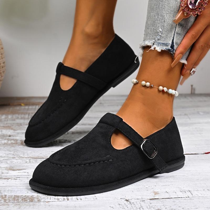 Fashion Round Toe Shallow Mouth Metal Buckle Suede Single Shoes Spring New Soft Sole Non-slip Wear-resistant Flat Shoes