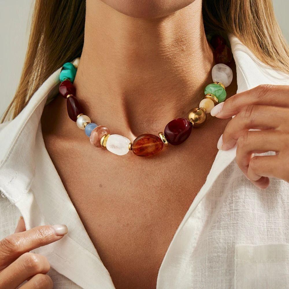 Creative Bead Beads Short Choker Stone Vintage Colorful Resin Necklace Y2K Adjustable Clavicle Chain Party