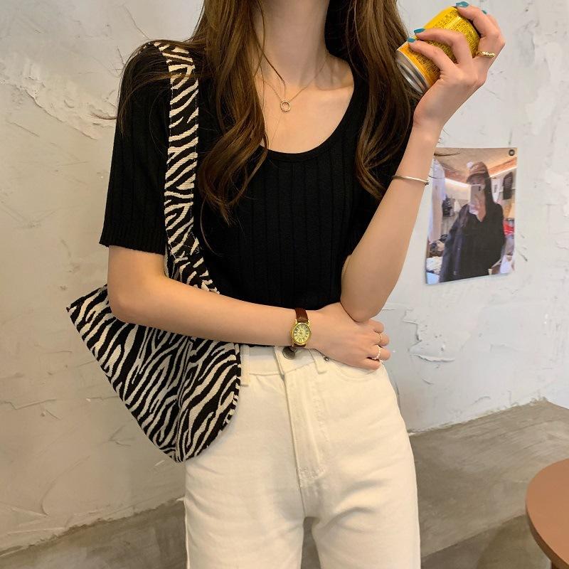 Футболка с французской талией, летняя женская, новая, с U-образным вырезом, из тонкого шелкового трикотажа, с коротким рукавом, с квадратным вырезом, короткая рубашка