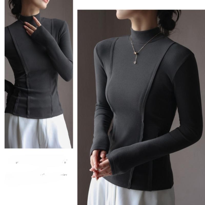 Женские весенне-осенние футболки с длинными рукавами, однотонные элегантные топы с высоким воротником и яркими линиями, тонкий повседневный мягкий женский пуловер