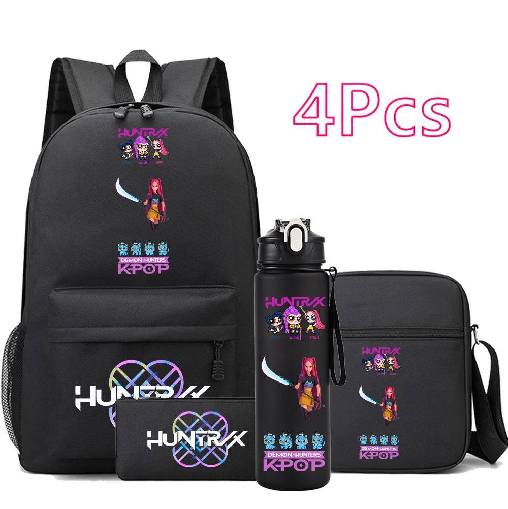 4Pcs/set Anime Demon Hunters Printed Backpack Bookbag Shoulder Bag Case Bag with 750Ml Water Bottler for Boy Girl Large Capacity Schoolbag