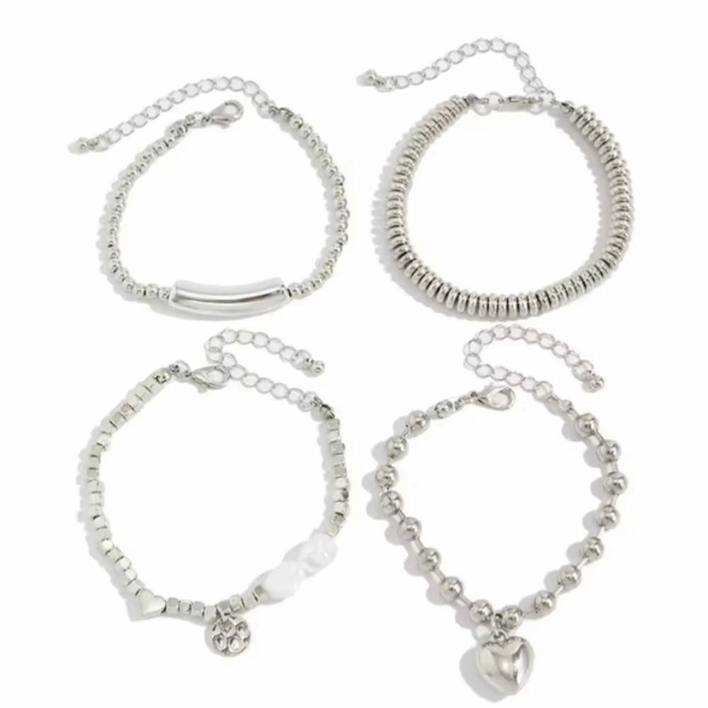 Silver Heart Pendant Bracelets Beaded Metal Hand Chain Vintage Imitation Pearl Bracelets  Gifts