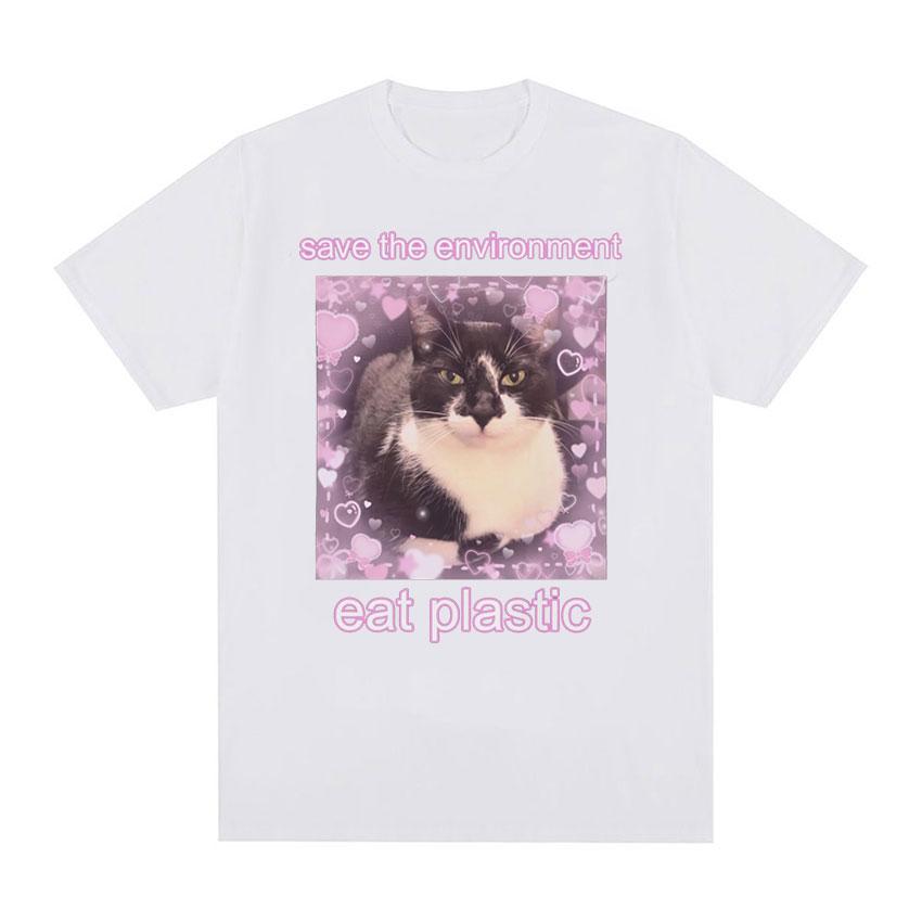 2025 Summer Save The EnvironUnisext Eat Plastic Cute Cat Graphic T Shirt Funny Unisex Women ONeck 100 Pure Cotton Printed Tshirt