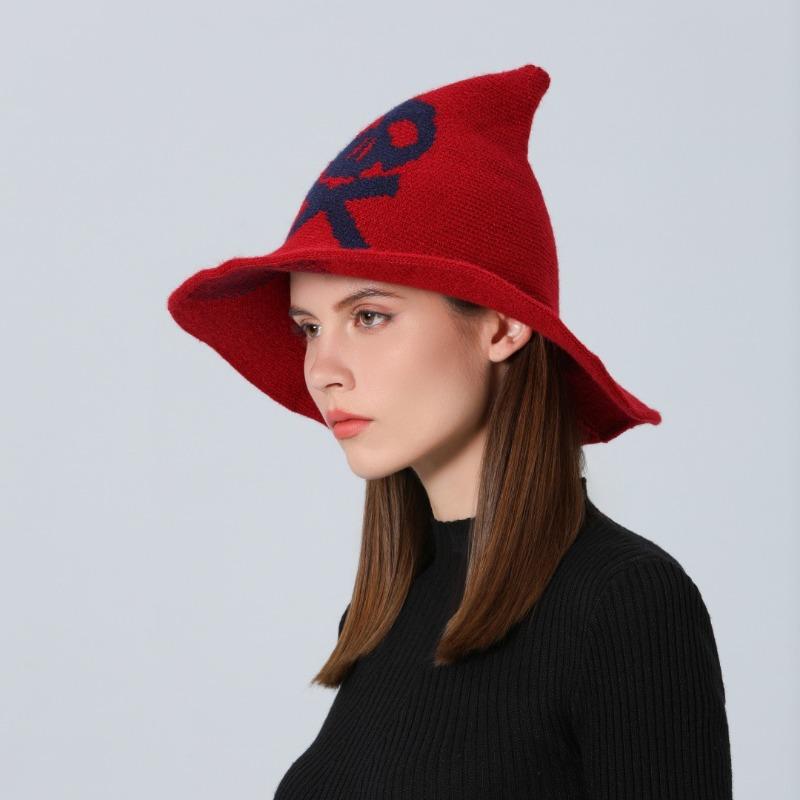 New Halloween Skull Wizard Hat Big Eaves Wool Knitted Ghost Head Witch Hat Women's Party Hat