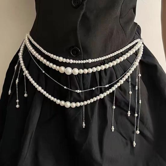 Women Waist Chain Multi Layer Faux Pearls Tassel Design Belt Chain Jeans Skirts Dresses Versatile Accessory