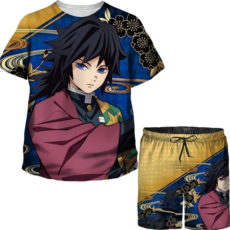 Детские топы/брюки/костюм с 3D принтом японского аниме «Убийца демонов» для девочек Kimetsu No Yaiba Tomioka Giyuu, комплект футболок и шорт с мультяшным рисунком