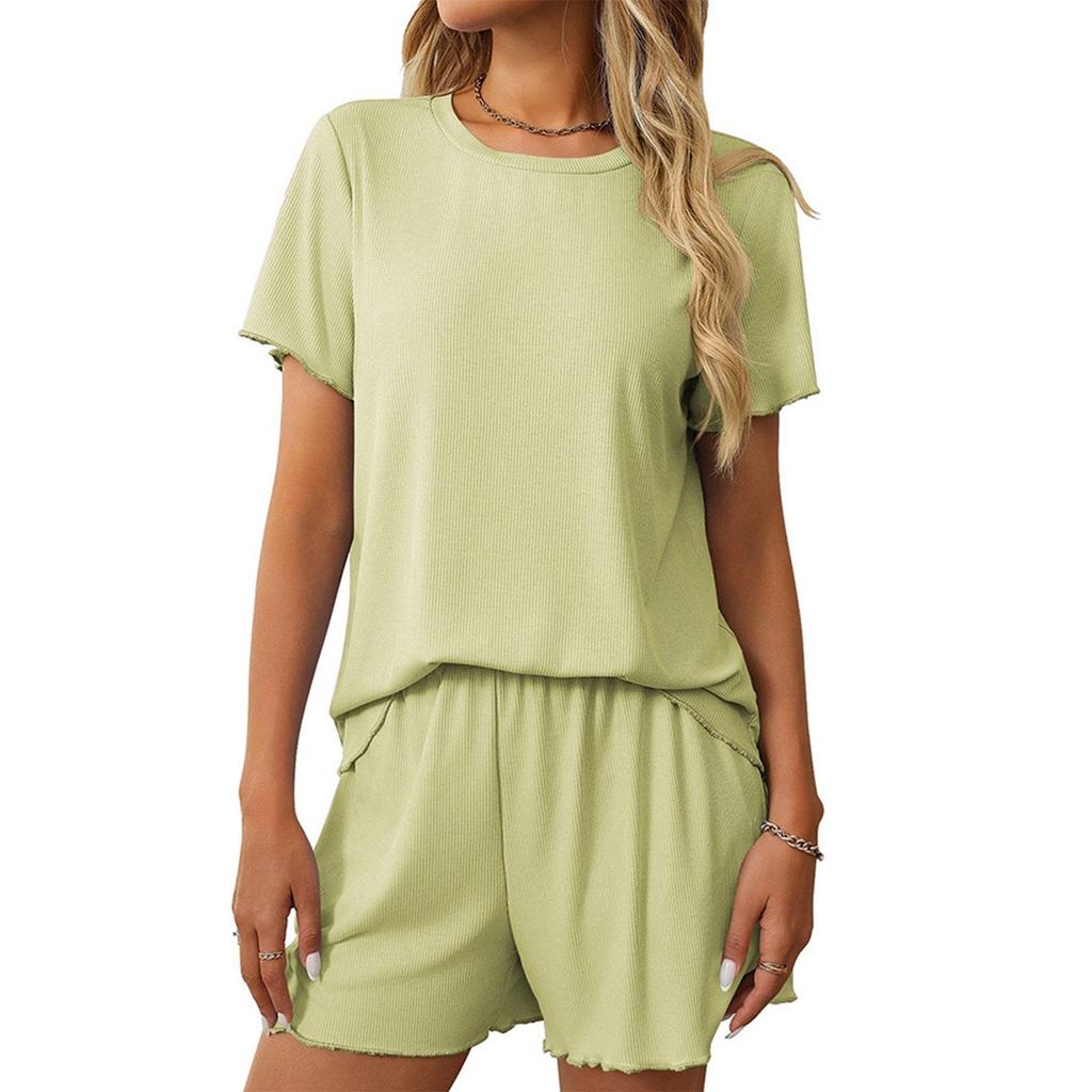 Женская повседневная однотонная пижама с короткими рукавами, шорты, домашняя одежда, комплект из двух предметов