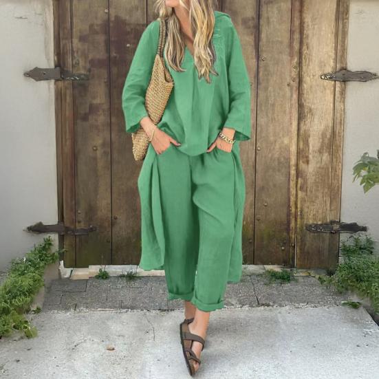 Женские комплекты из двух частей, длинный рукав, нерегулярный пуловер, топ с V-образным вырезом и широкий