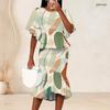 Women Plus Size Abstract Printed Two Piece Set Round Neck Batwing Sleeve Ruffle Hem Top Fishtail Skirt