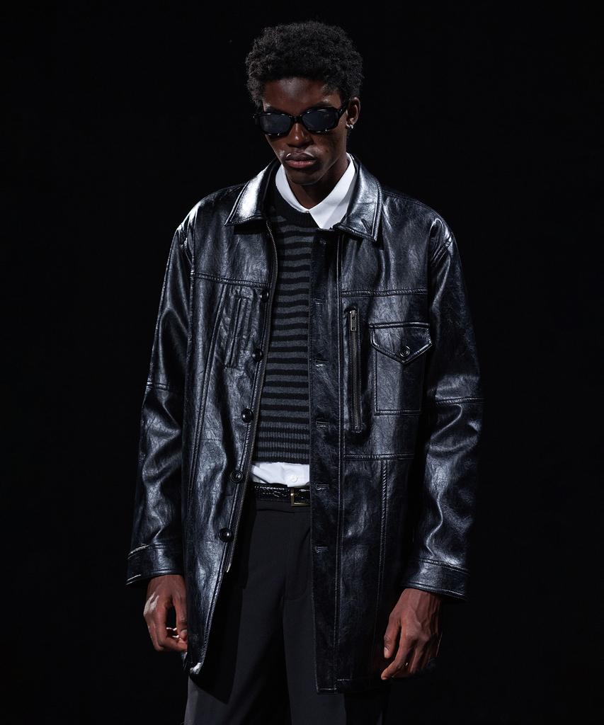 TAKEASY [Dmd] Incision Leather Car Coat - Black
