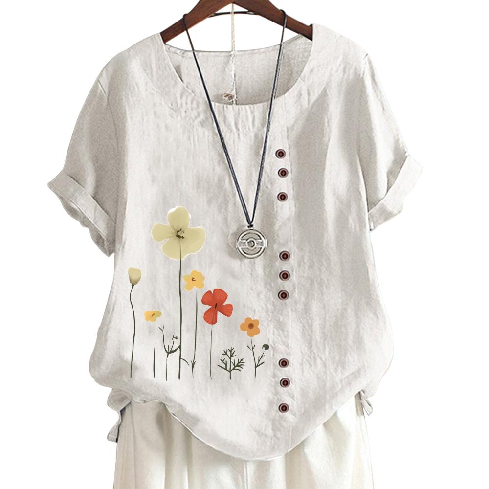 Женская повседневная футболка из льна и хлопка с 6 яркими цветочными узорами, круглым вырезом, короткими рукавами, S-5XL