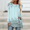 Plus Size Women Spring floral Printed Comfy Long Sleeve Round Collar T-shirt Casual Baggy Mid Length Tee Tops