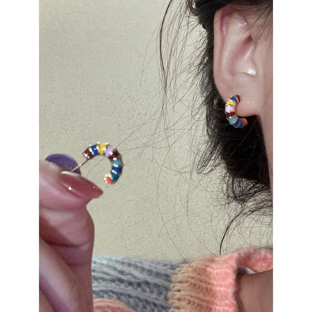 White Baihe With Color Drop Glaze Enamel Earrings Light Luxury Simple Studs Retro Earrings
