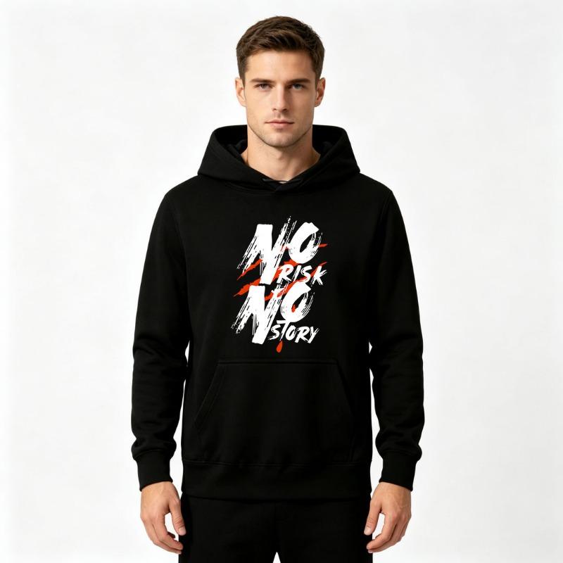 Adult Men No Risk No Story Brush Texture Print Hoodie Casual Long Sleeve Pullover Hooded Sweatshirt Streetwear Tops For Autumn Winter Daily Wear