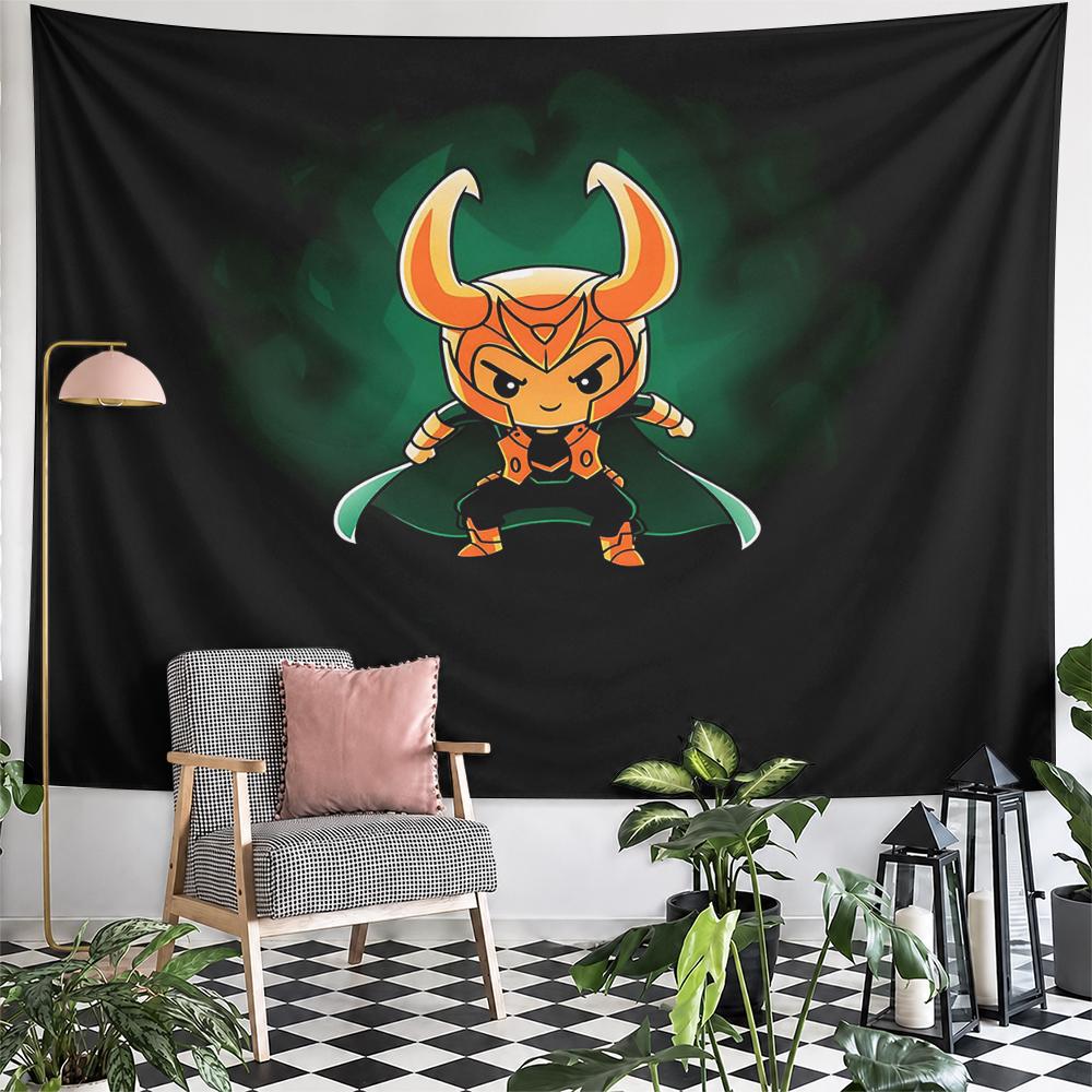 Chibi Loki Horned Helmet Wall Tapestry Green Smoke Marvel Cute God of Mischief Decor for Kids Game Room Bedroom Gift