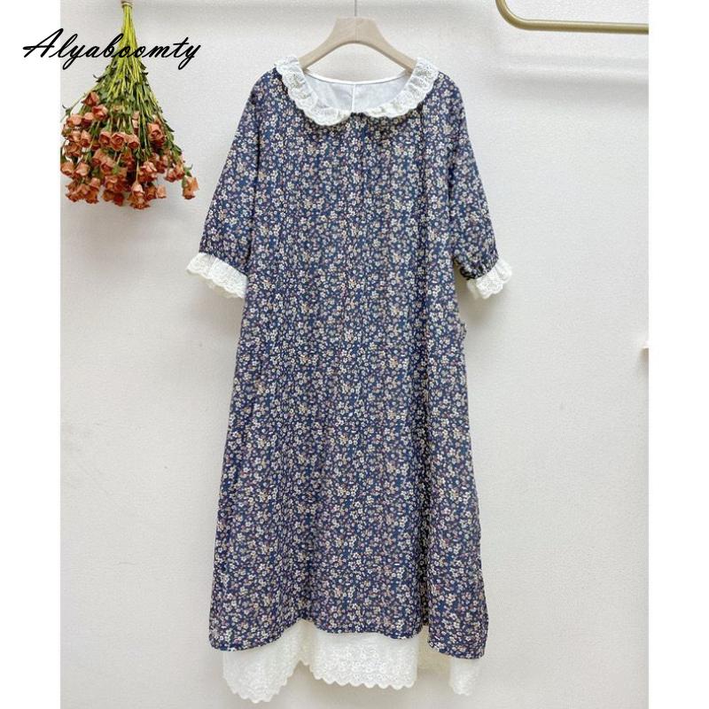Японское летнее женское свободное платье Mori Girl с воротником Питера Пэна, лоскутное платье с вышивкой, ажурное платье из хлопка и льна, винтажное платье миди