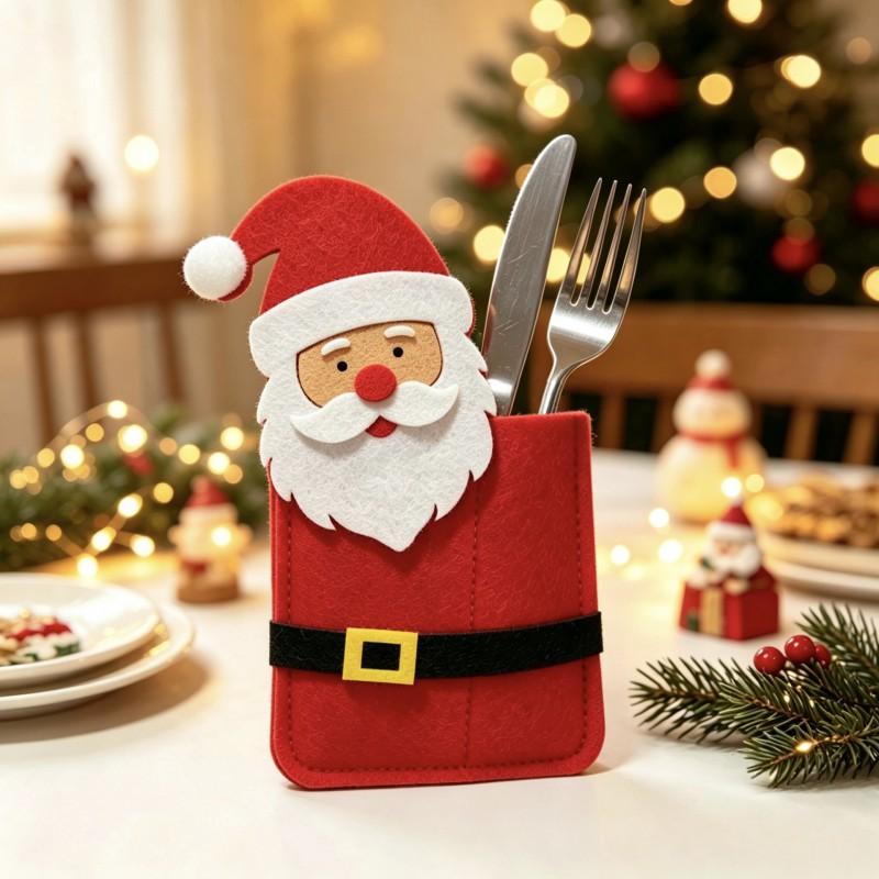 Christmas Cutlery Sleeves Set - Felt Santa Elk Snowman Penguin Elf Bear Gingerbread Cartoon Table Decor Holiday Party