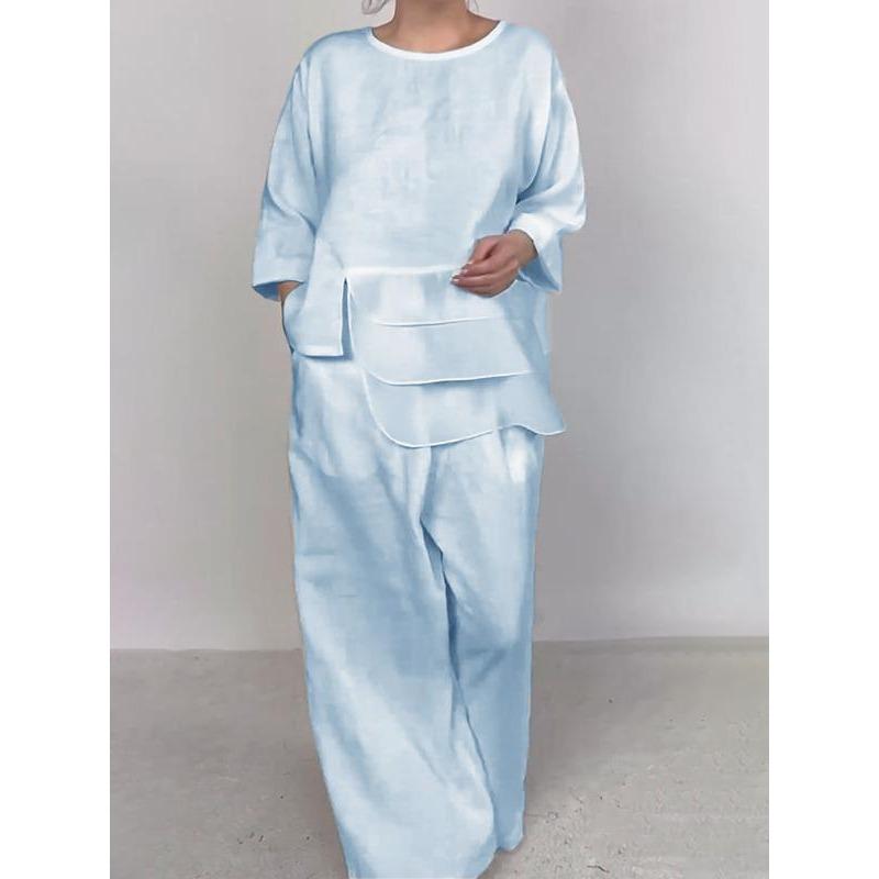 Женский весенне-летний однотонный свободный костюм для офиса, удобный свободный комплект из 2 предметов: футболка с круглым вырезом и брюки