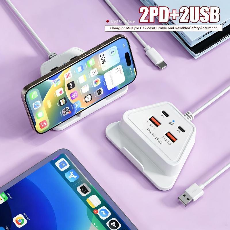 Настольная зарядная станция 4 порта 12 Вт Быстрая зарядка 2 USB 2 Type-C Портативная для путешествий Дома Розетка для зарядки телефона